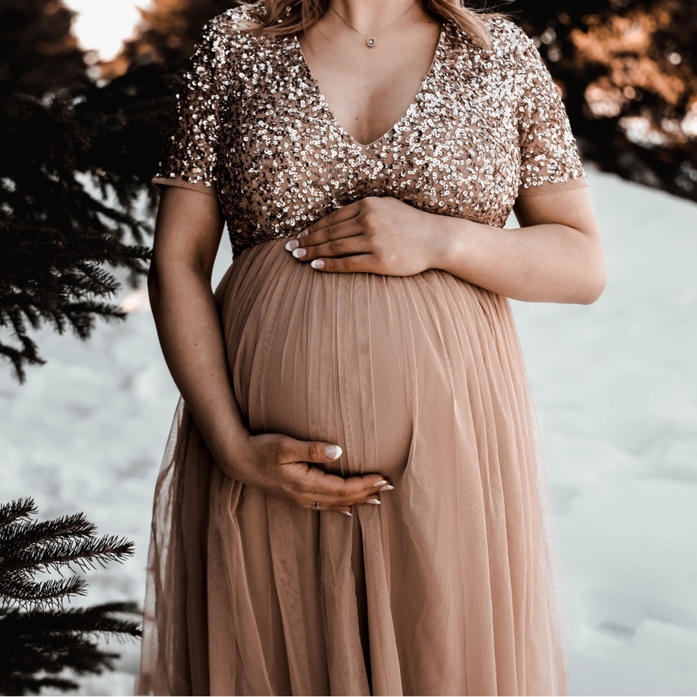 Sequin Bodice Tulle Maternity Gown - Champagne